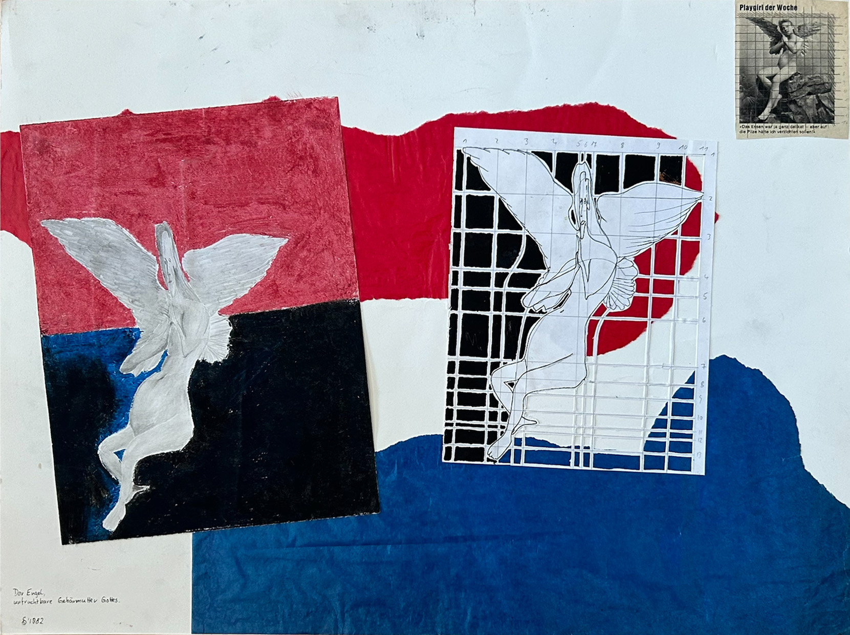 Der Engel, unfruchtbare Gebärmutter Gottes (Frühjahr 1982) - DIN A2, Buntpapier, Ölkreide, Bleistift, Zeitungsausschnitt auf Papier