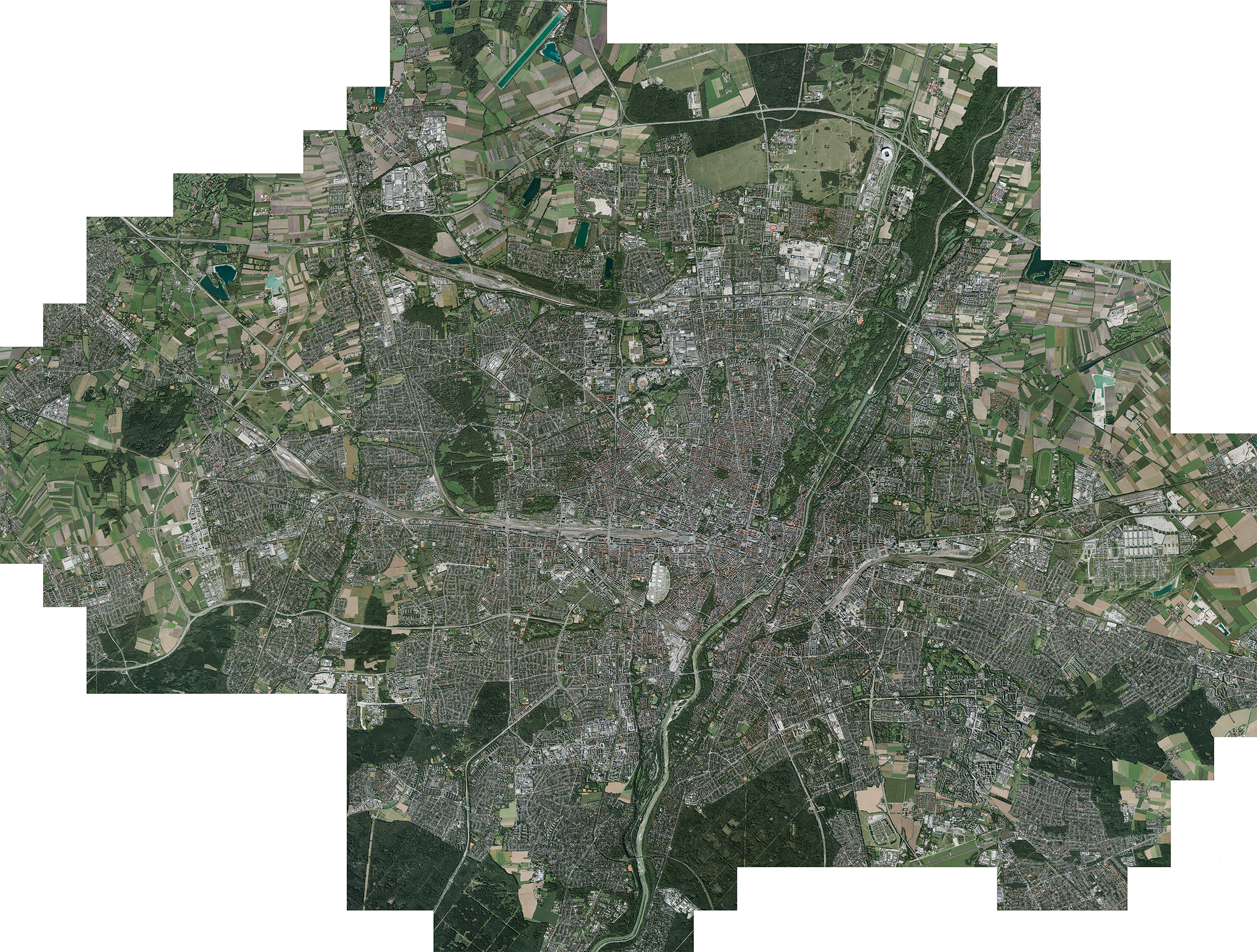 Aerial view of the Munich city area with all religious buildings replaced by green spaces